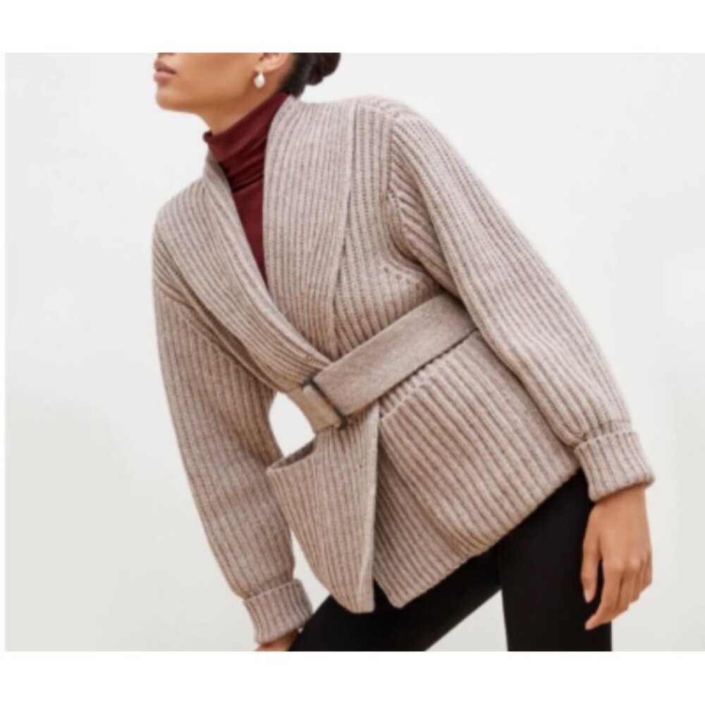 M.M. Lafleur Belted Snyder Knit Jacket Merino Wool Blend Mushroom Chunky Cable